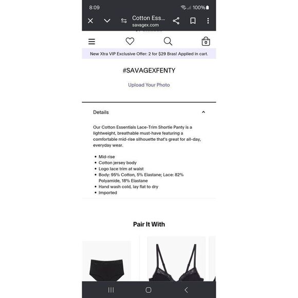 New Large Savage X Fenty Black Caviar Cotton Essential Lace Trim Shortie Panties - Picture 7 of 9